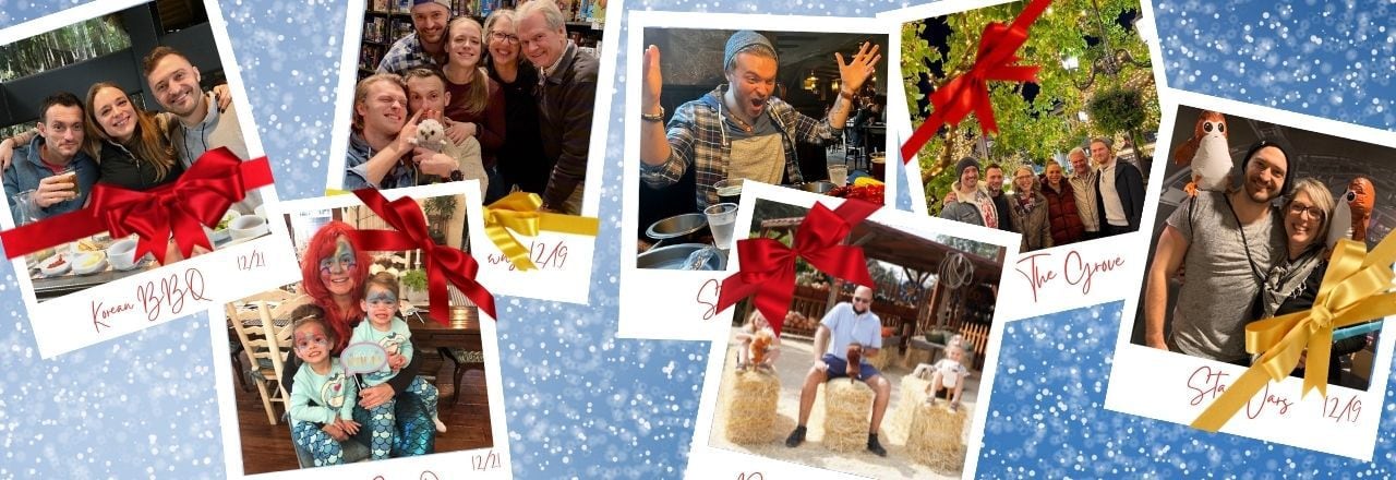 Six polaroid pictures of families enjoying the activities they were gifted as their Christmas gift exchange