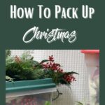 Pinterest Pin with two pictures of clear plastic tubs overflowing with Christmas decor and the overlay reads "How To Pack Up Christmas