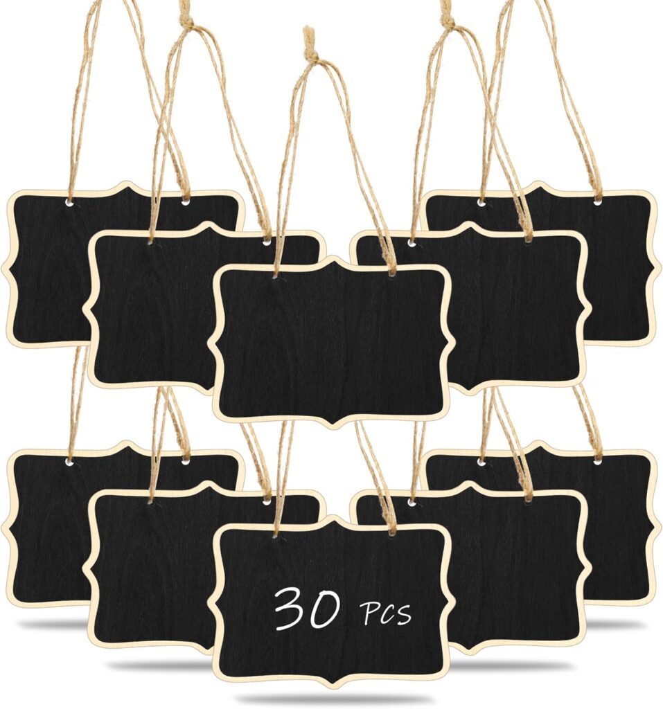 Ten small rectangular black chalkboard signs with decorative edges and twine loops for hanging—perfect for labeling a Walk In Pantry. One board displays "30 PCS" in white. The boards overlap each other in the image.
