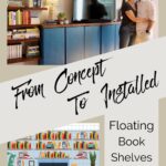 Pinterest Pin showing the finished Bookshelf Wall with a happy couple embracing and an image of the original design diagram with a title reading From Concept to Installed, Floating Book Shelves
