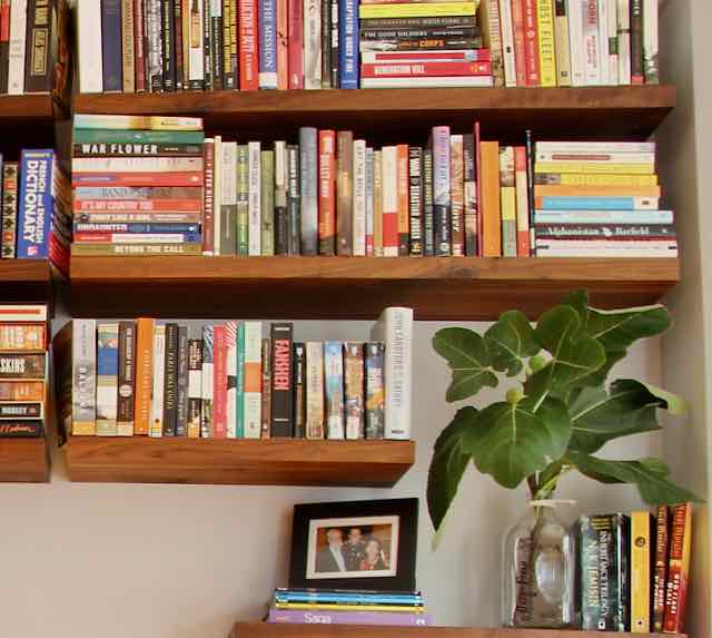 closeup of books on floating wood shelves with a green plant and a photo too.
