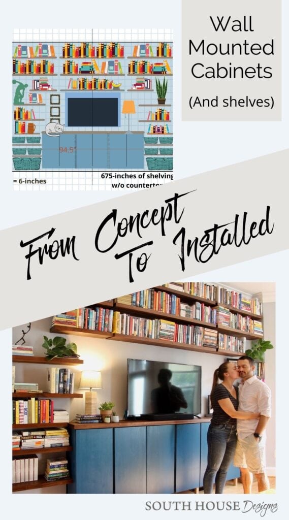 Pin with image of a mock-up diagram of the book wall and a second picture of the finished wall with a young couple. Title reads: Wall Mounted Cabinets (and shelves) From Concept to Installation
