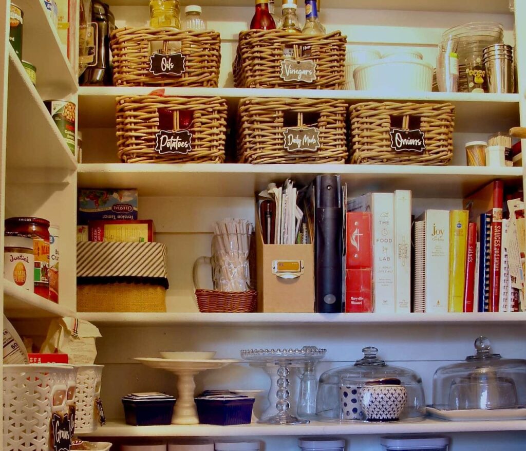 Closeup of the west wall of the organized walk in pantry.