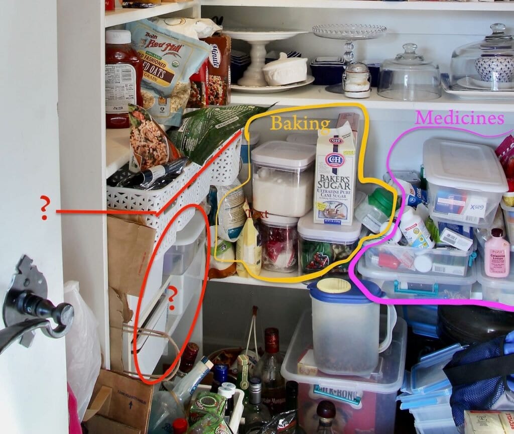 The before, overflowing walk in pantry that you can't actually walk in. Areas of the worst problems are outlined