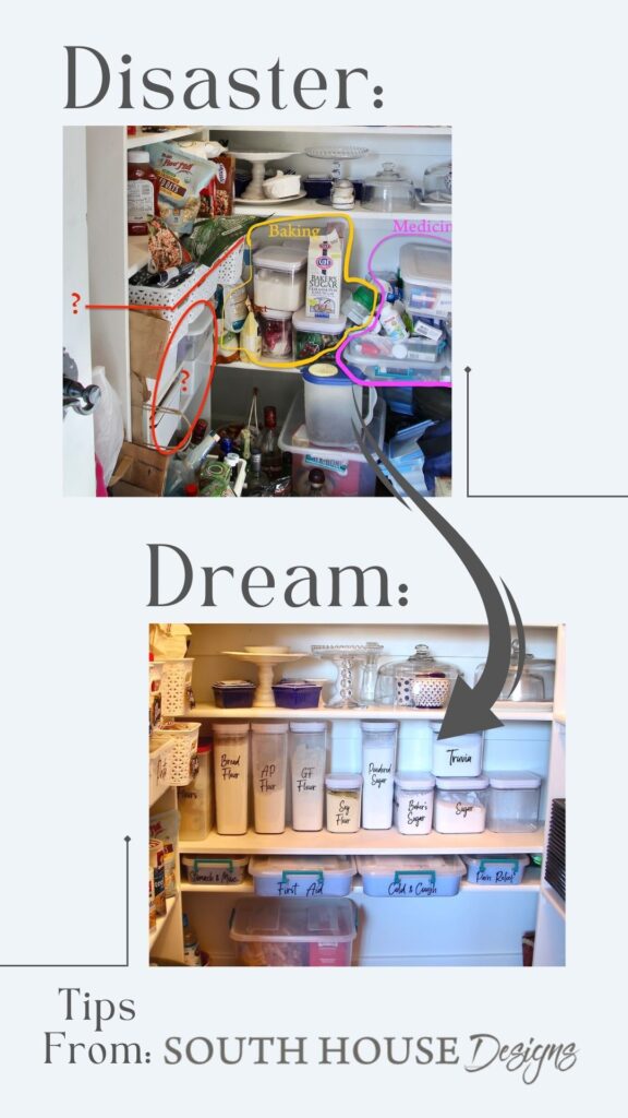 Pinterest Pin showing a before picture and an after picture of the walk in pantry with titles: "Disaster" and "Dream".