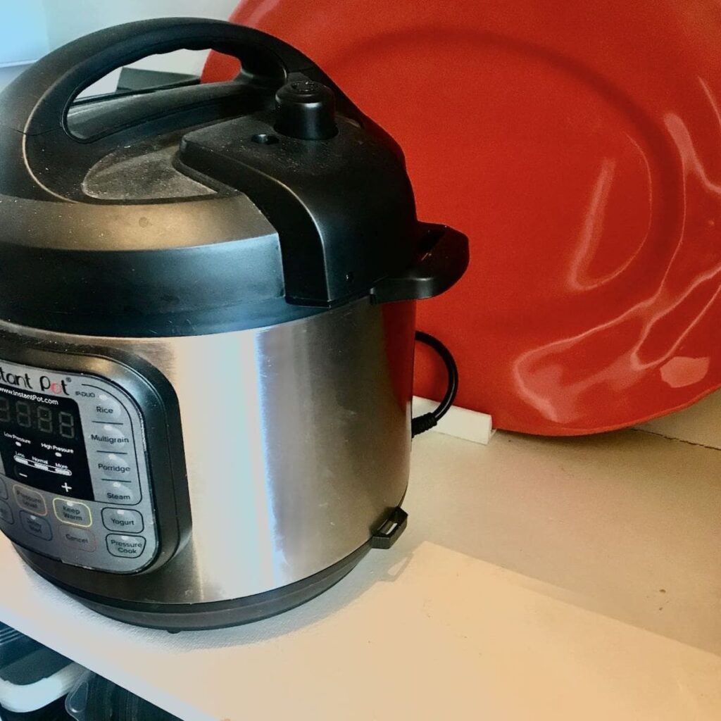 Large Melamine Platters sitting upright and held m place by a short piece of L-shaped wood trim. The Instant Pot sits in front on the lowest pantry shelf