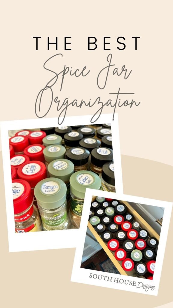 Pinterest Pin showing two pictures of spice bottles all lined up with new coordinating labels on their lids and the title reads: The Best Spice Jar Organization