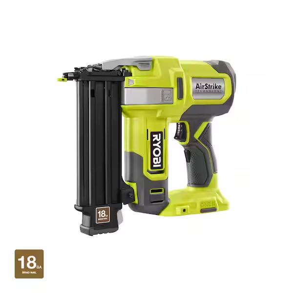 A Ryobi 18-gauge AirStrike cordless brad nailer in yellow and black, featuring a battery-powered design with comfortable grip and labeled adjustment controls—ideal for carpentry projects like installing shelves in a walk-in pantry.