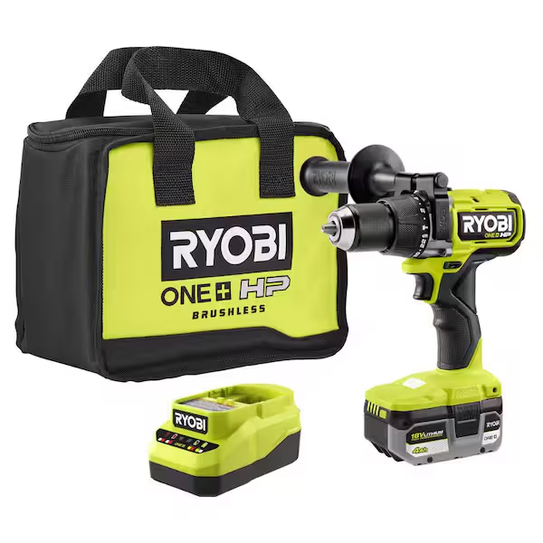 A Ryobi cordless drill with a side handle, a lime green and black carrying bag, a battery, and a charger are displayed together on a white background—perfect for organizing shelves in your walk-in pantry.
