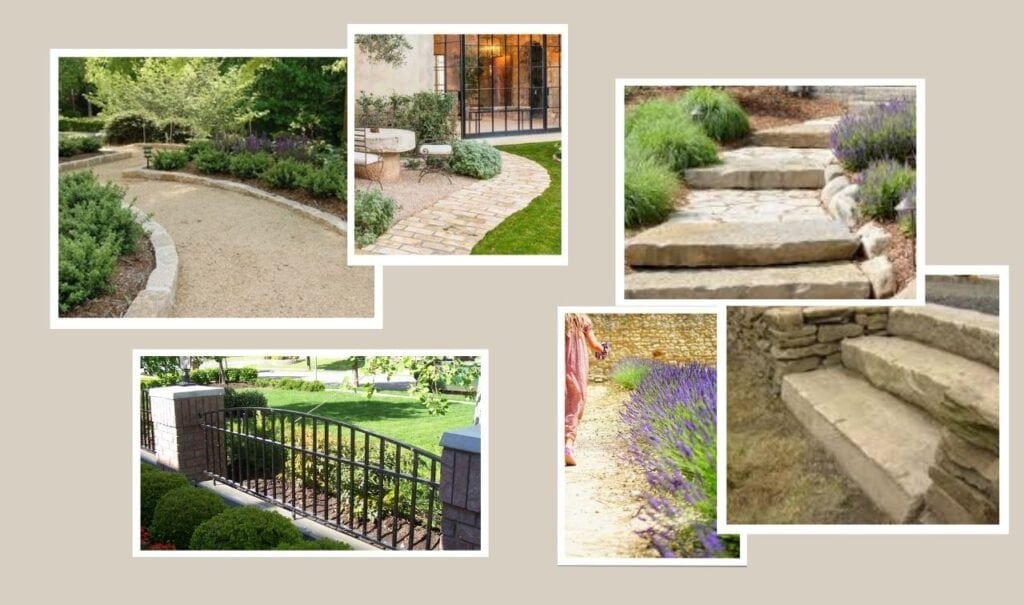 Mood Board showing pictures of chunky stone steps, DG with stone edging, iron railing between stone pillars and a wispy garden bed lavender spilling over the patio edge 