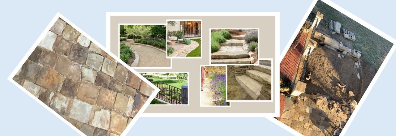 title collage of a mood board , a closeup of the stone walkway and an overhead view of the work in process