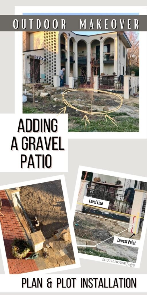 Pin titled Backyard Makeover with a before picture of the yard with the new patio location circled and two pictures of how we found the elevation levels. Additional captions read: "Adding a Gravel Patio" and "plan & Plot Installation"