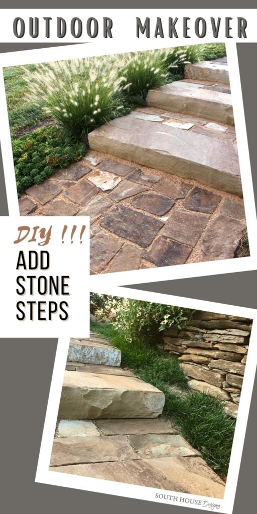 A Pin Tower showing two images of the finished steps framed in white against a dark background with a title reading "Backyard Makeover" and a Caption of "DIY!!! Add Stone Steps"