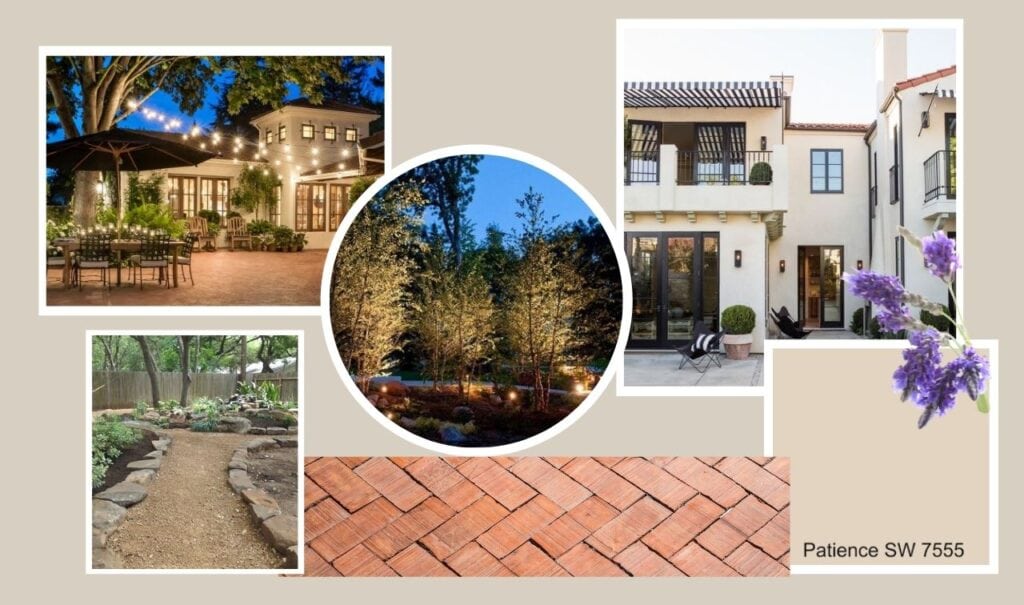 Inspiration Board showing the broad  inspirations of house color with stripe awnings, uplit trees at night, cafe string lights over a red brick patio and DG patio and walkways with stone edging