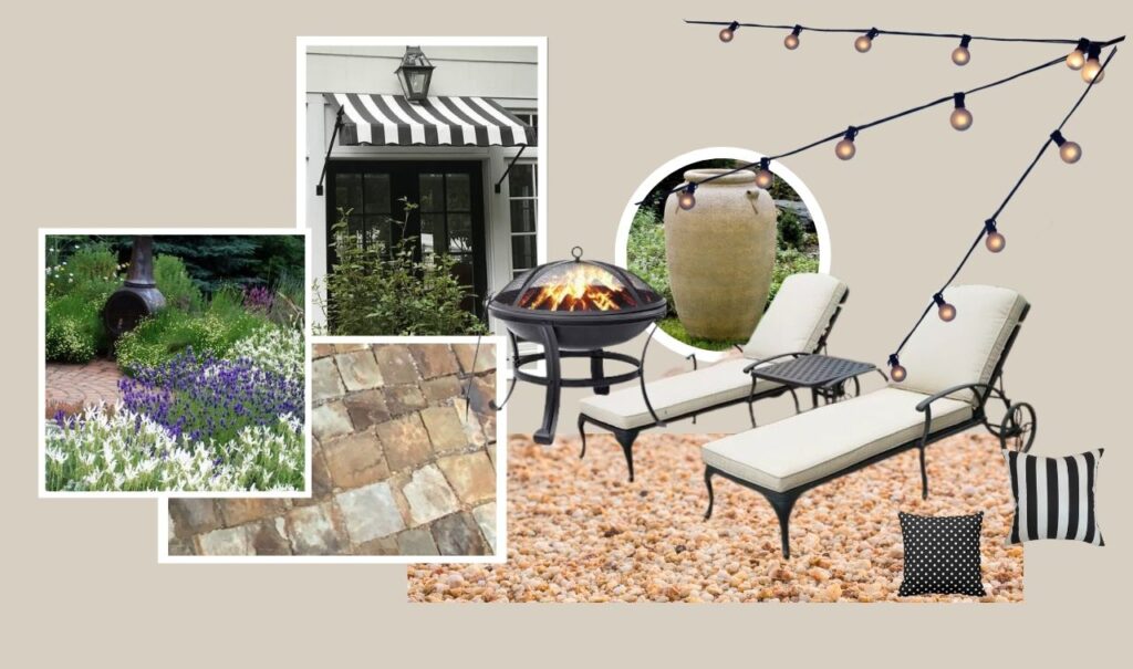 A mood board collage showing some of the inspiration decor elements including the DG and stone, two chaise lounges with a small table, large rustic urn, an iron fire pit, a black and white stripe awning, black and white pillows and flowers