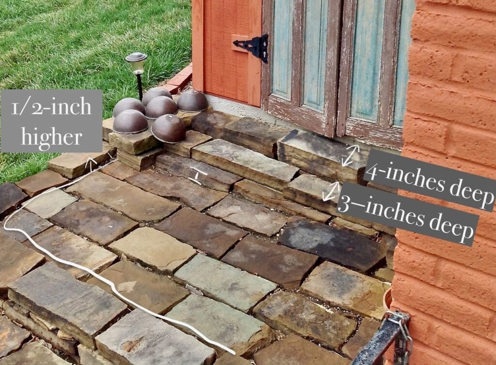 overhead view of the shed entry with markings pointing out the awkward heights of the stones and crazy stacking just in front of the shed dooors