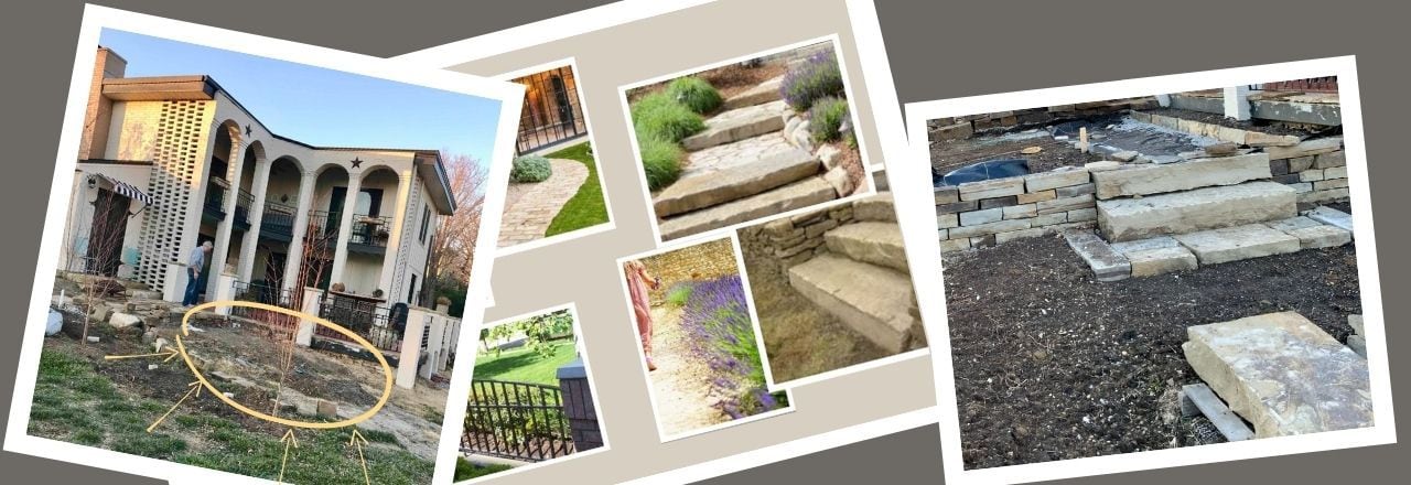 Title image collage of three photos with white borders on a dark background. They show a before image with a circle and arrows marking the new patio location, part of a mood board showing retaining wall with steps, and the finished retaining wall with steps