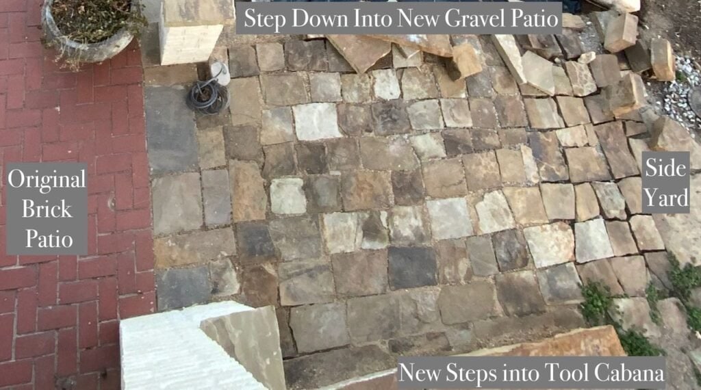 Birds eye view of the stone walkway with all the transition points marked: brick patio, to sideyard, one step down into DG patio, 2 Steps up into Tool Cabana