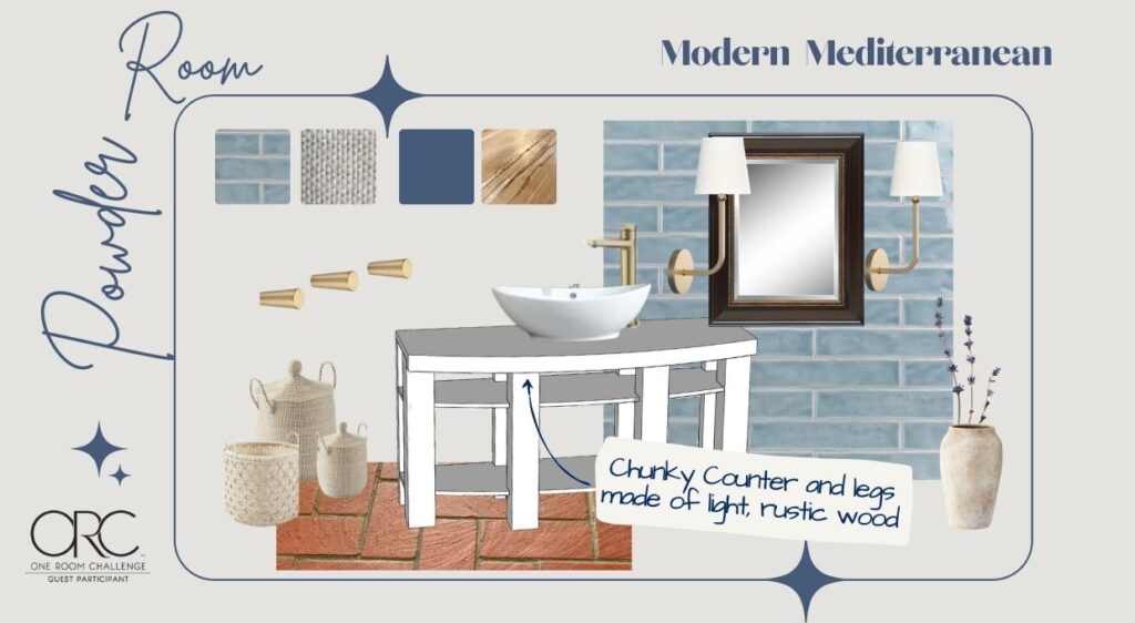 Inspiration Board showing a blue tile wall with the red brick floor, a custom DIY Vanity with open shelves and a vessel sink with gold faucet, above hangs a dark wood mirror flanked by sconces. Accessories include baskets, bins and earthenware jug with lavender