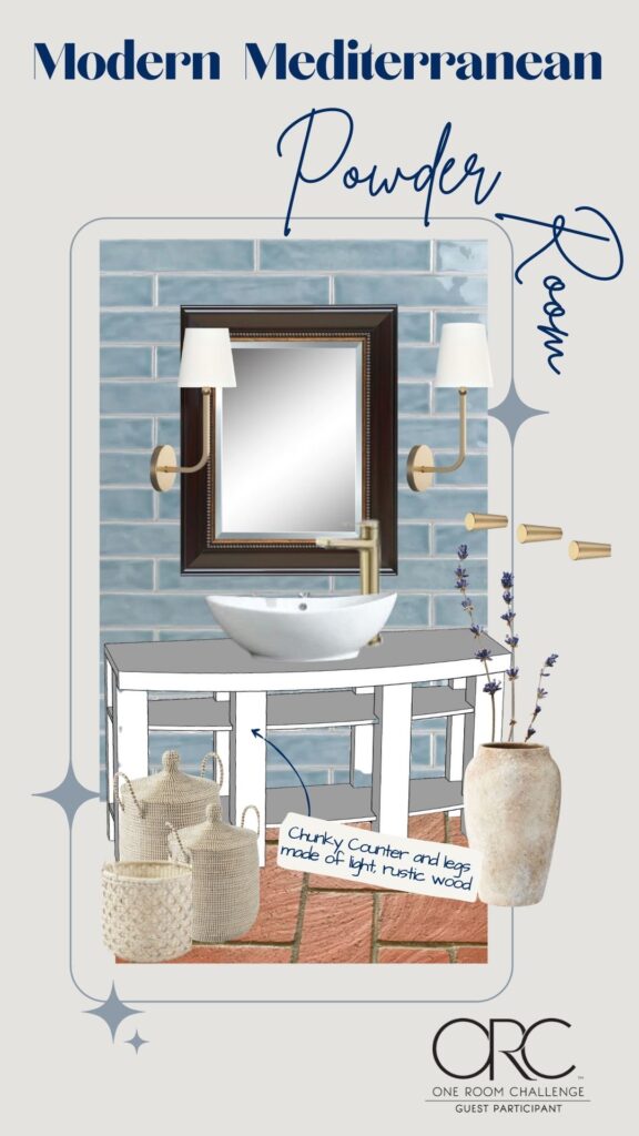 Pin showing the primary components of the makeover/. itle reads: Modern Mediterranean  Powder Room