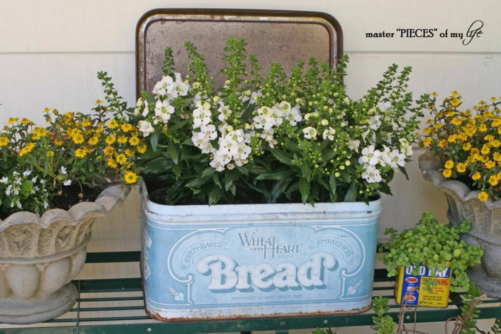 A vintage metal bread box's lid is open with Spring flowers filling it and next to it is an Old Bay Spice container with a plant spilling out