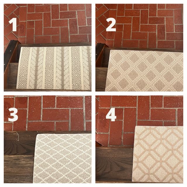 a grid showing four different carpet samples on the last step with the red brick floor under