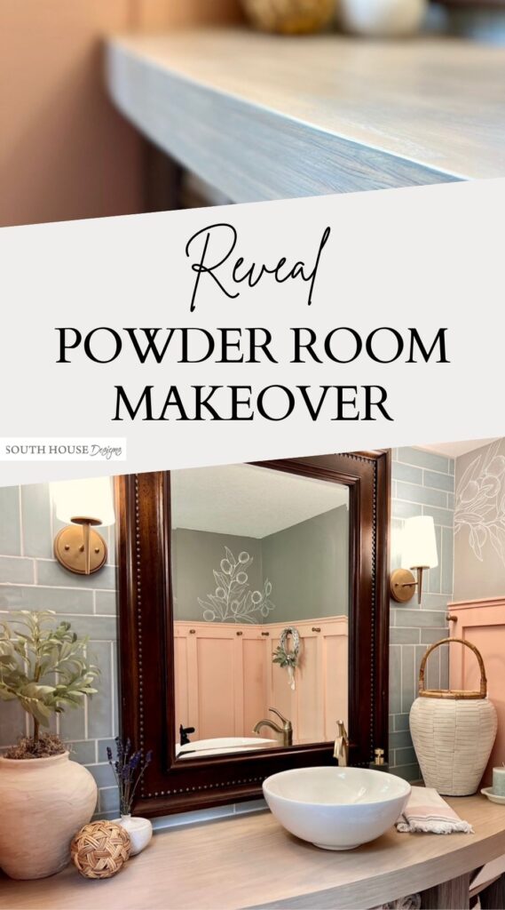 Pin Tower showing a view of the mirros,lights and vanity top with sink and decor pieces and above that a close up of the. countertop apron front with a caption that reads "Reveal Powder Room Makeover"