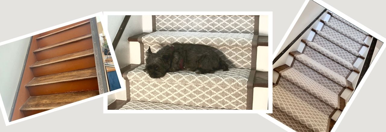 Title Image collage of a before picture of ugly stairs, after picture of freshly painted stairs with a new installed stair runner and a third picture of the stair runner with a small dog lounging in the middle of the stairs