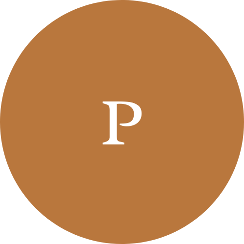A solid brown circle with a white, uppercase letter "P" centered inside it on a white background.