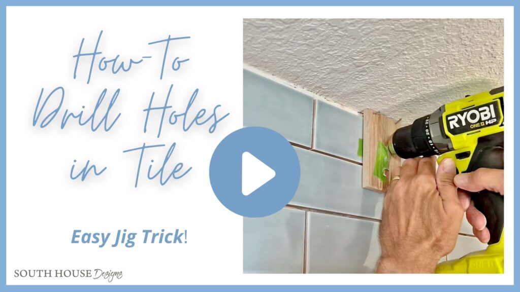 You Tube Cover with a picture of a mn's hand holding a drill on the tile wall close to the ceiling. The title reads: How to Drill Holes in Tile