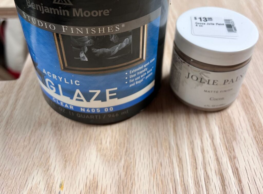 A can of Benjamin Moore Acrylic Glaze next to a small jar of Jolie paint