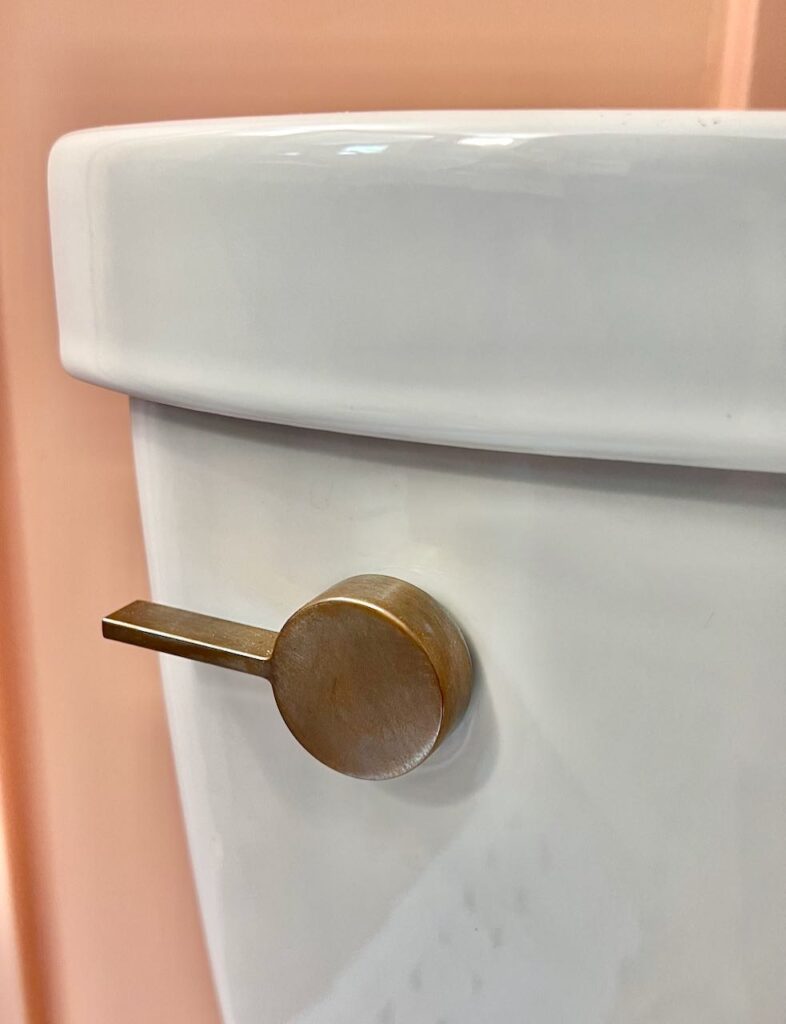 Closeup of the toilet flusher handle now with a rubbed gold finish