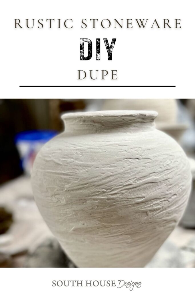 pinterest pin showing a rustic vase as the joint compound layer is drying. Title reads;: Rustic Stoneware Dupe DIY