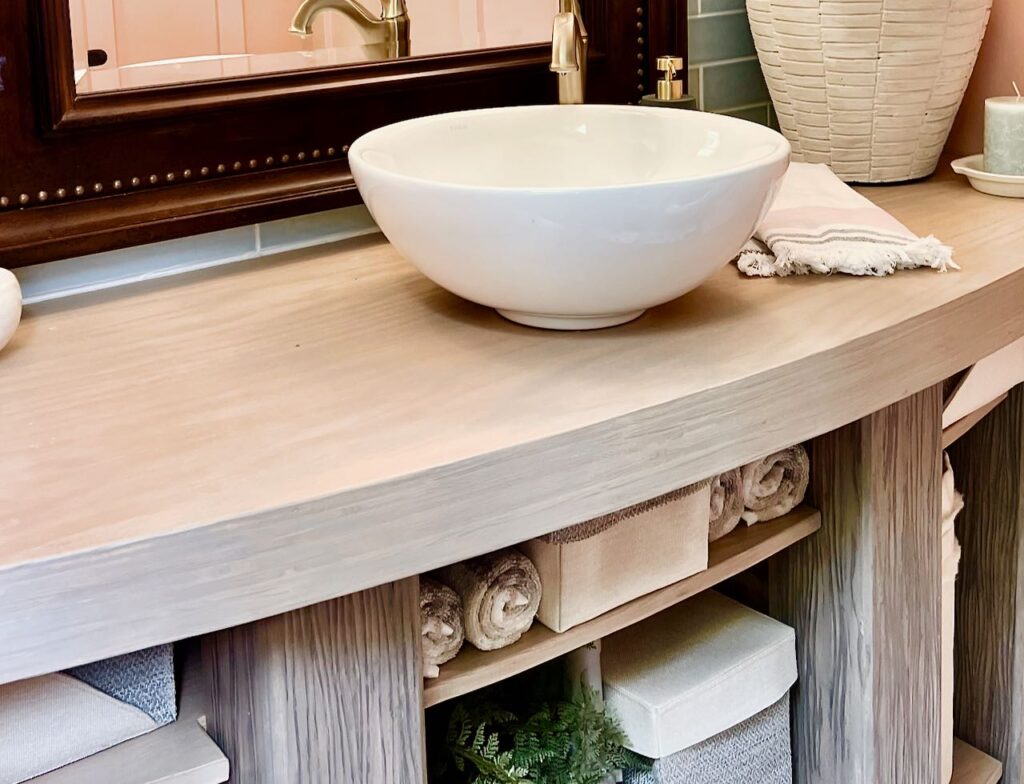 Closeup view of the finished vanity with sink and faucet