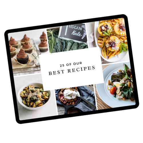 A tablet displays a collage of six food photos, including cupcakes, leafy greens, grilled peaches, pasta, a savory dish with cheese, and a dessert, with text in the center reading “25 of our best recipes.”.