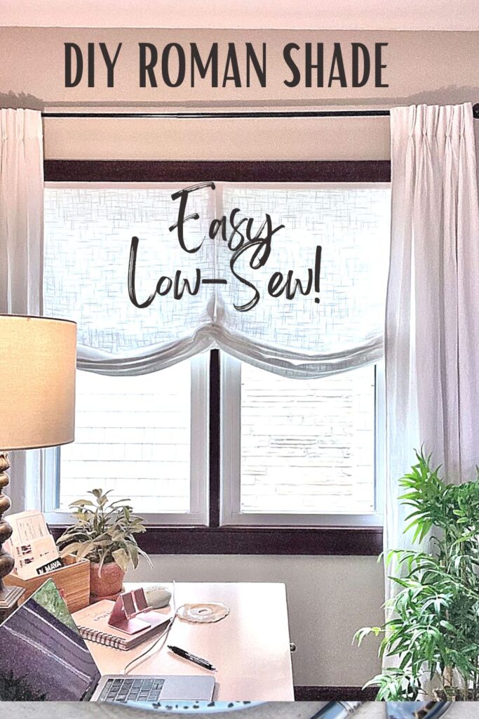 Pin titled DIY Roman Shade: Easy, Low-Sew over a pic of the office window treatment