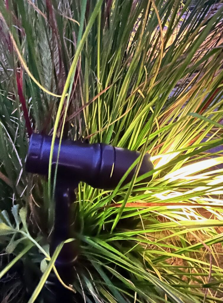 closeup of a solar stake light hiding in the ornamental grass by a stone step