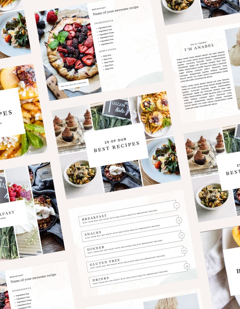 A flat lay of cookbook template pages featuring recipe sections, food photos, dish names, directions, and a table of contents, with a clean, modern design and images of various colorful meals and desserts.