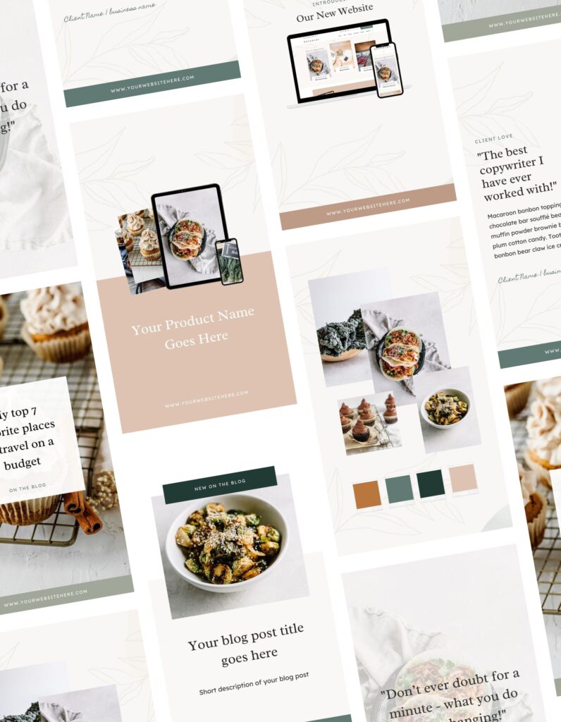 A collage of minimalist website and blog post mockups with neutral tones, featuring images of food, testimonials, and digital devices displaying websites, with sample text placeholders throughout.