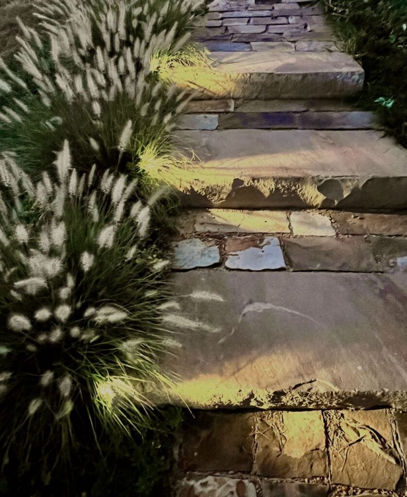 three stone pathway steps are lit with lights in the landscaping