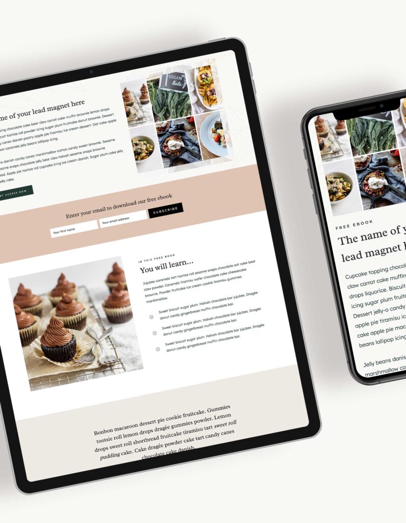 A tablet and a smartphone display a food blog website featuring images of cupcakes and dishes, an email sign-up form for a free eBook, and lists of learnings and dessert recipes. The design uses neutral colors and clean layouts.