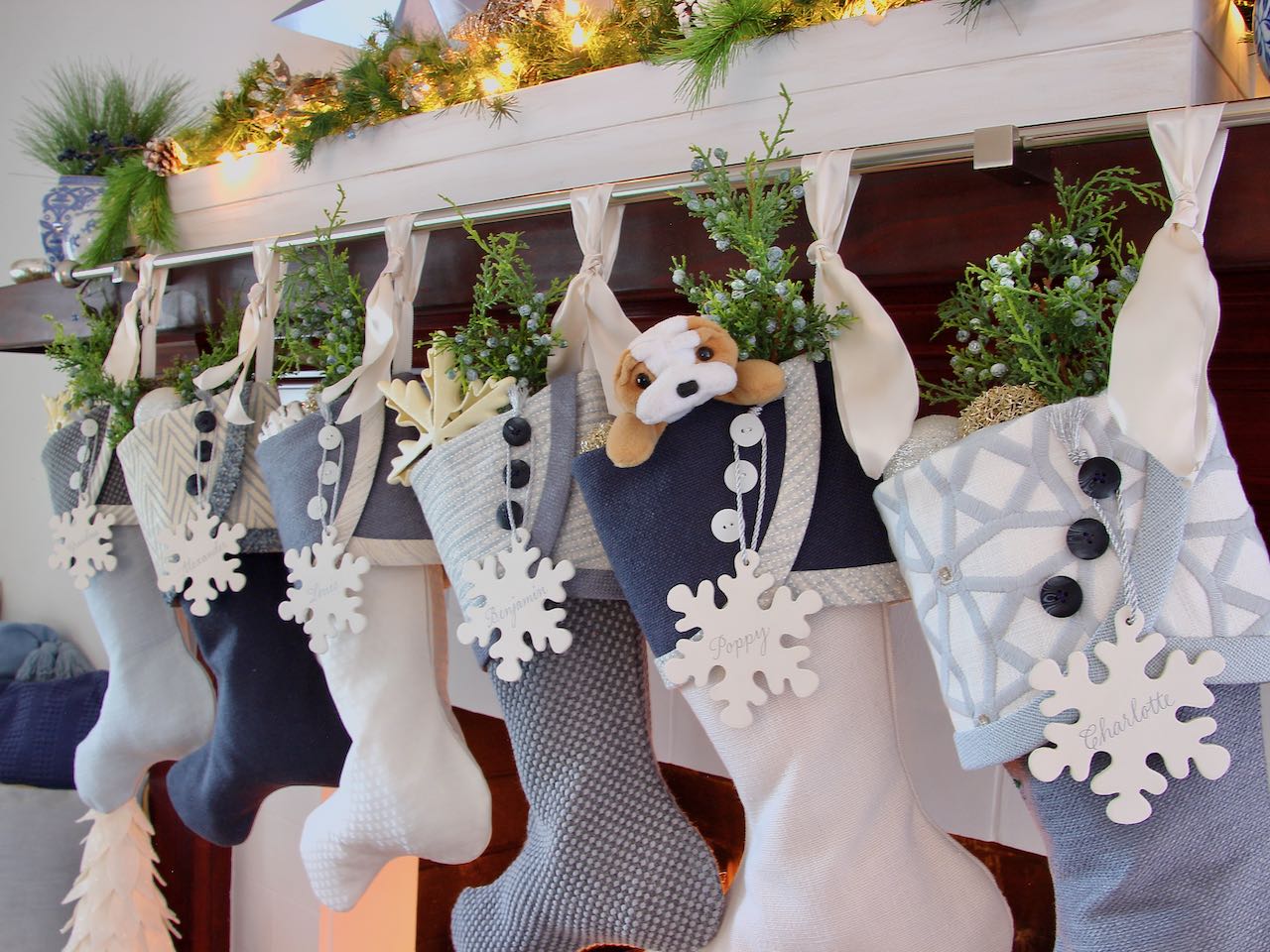 blue and white Christmas stockings
