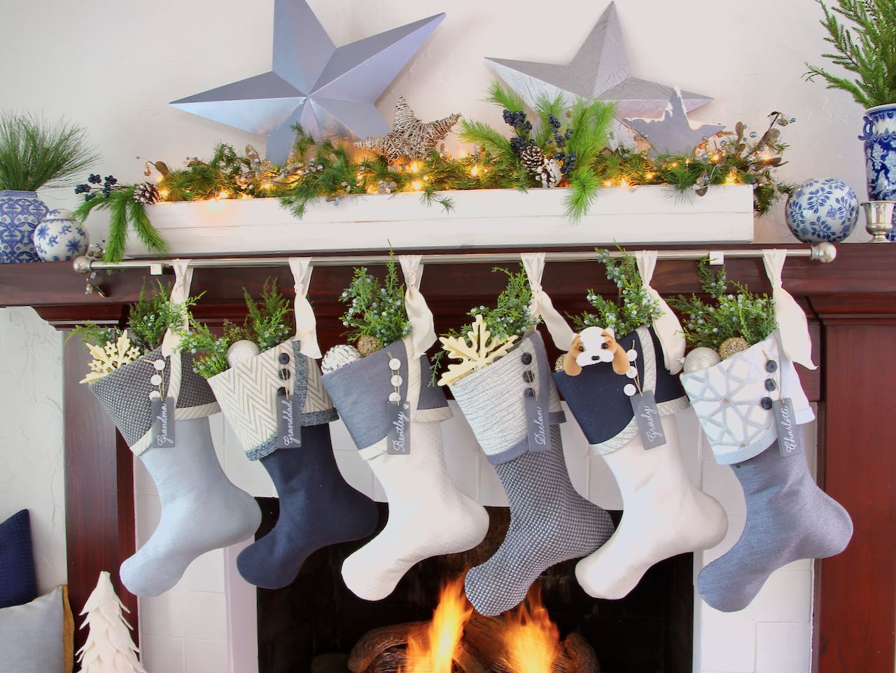 Mantel Display featuring 6 Christmas stockings with Sea glass name tags