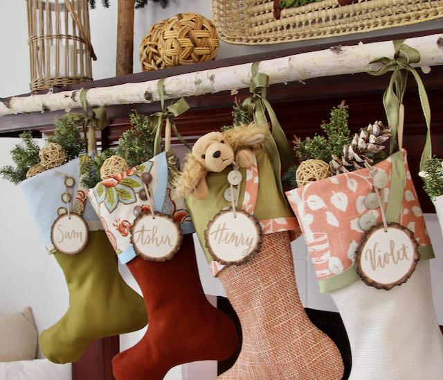 Cottagecore Christmas Stockings in Coral, Blue and Fresh Avocado