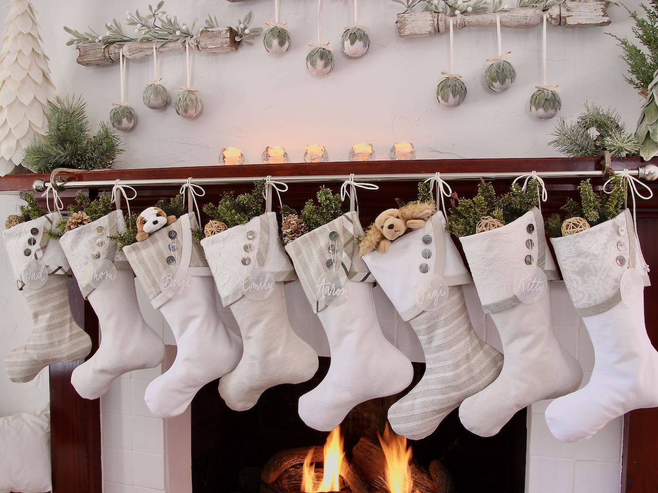 set of 8 modern farmhouse Christmas stockings with capiz shell name tags
