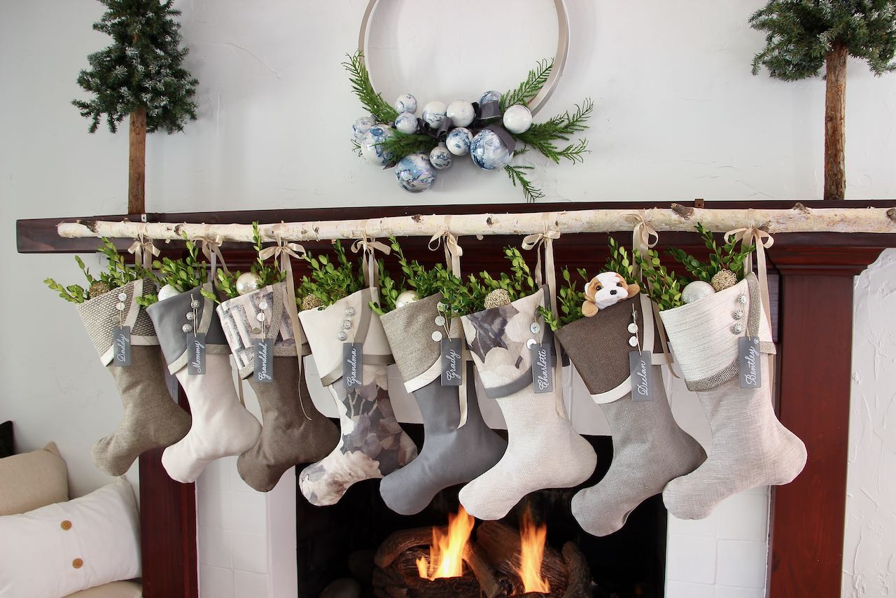 Set of 8 Contemporary Christmas Stockings with dark grey sea glass name tags