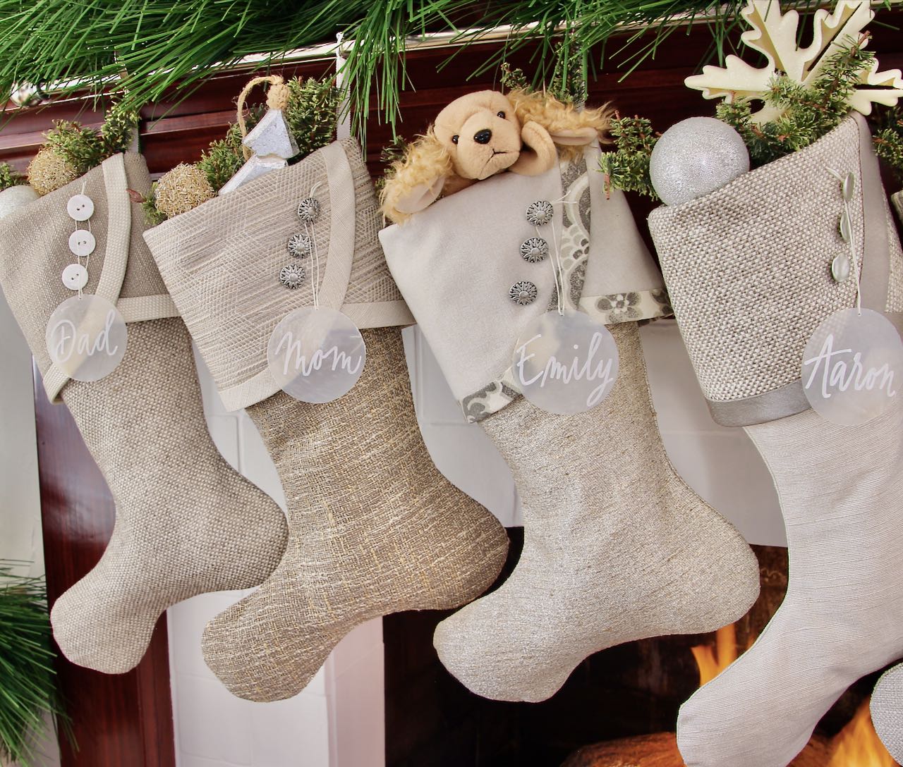 4 Neutral Christmas Stockings with capiz shell name tags