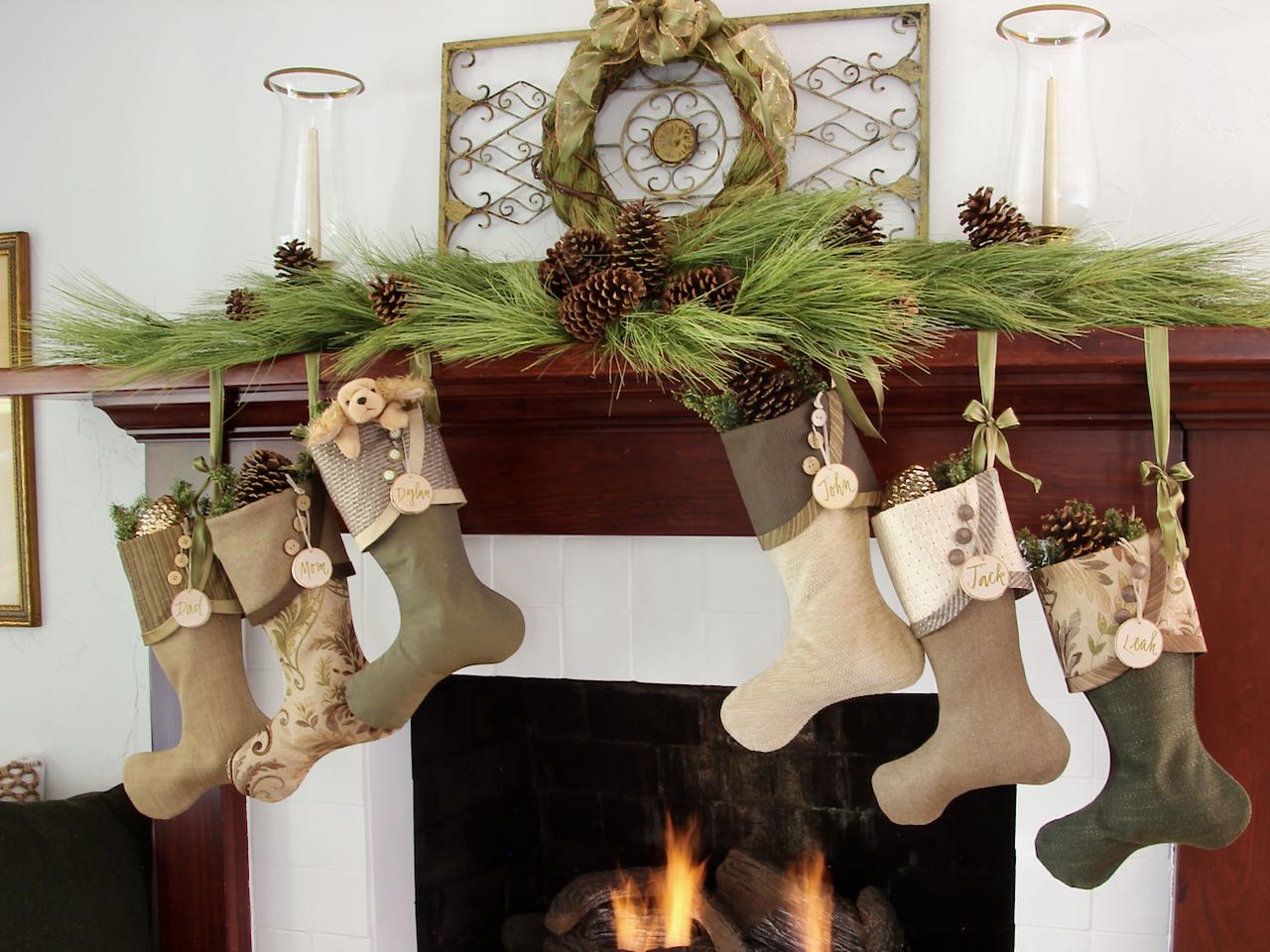 Mantel display with 6 woodland inspired Christmas stockings