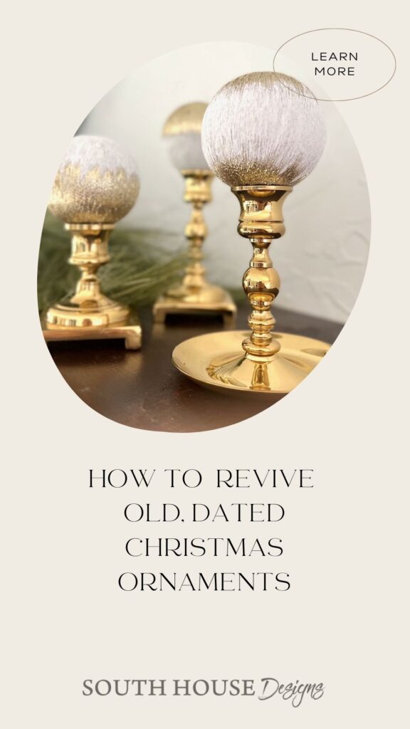 Pin showing revived Old Christmas ornaments displayed on brass candlesticks