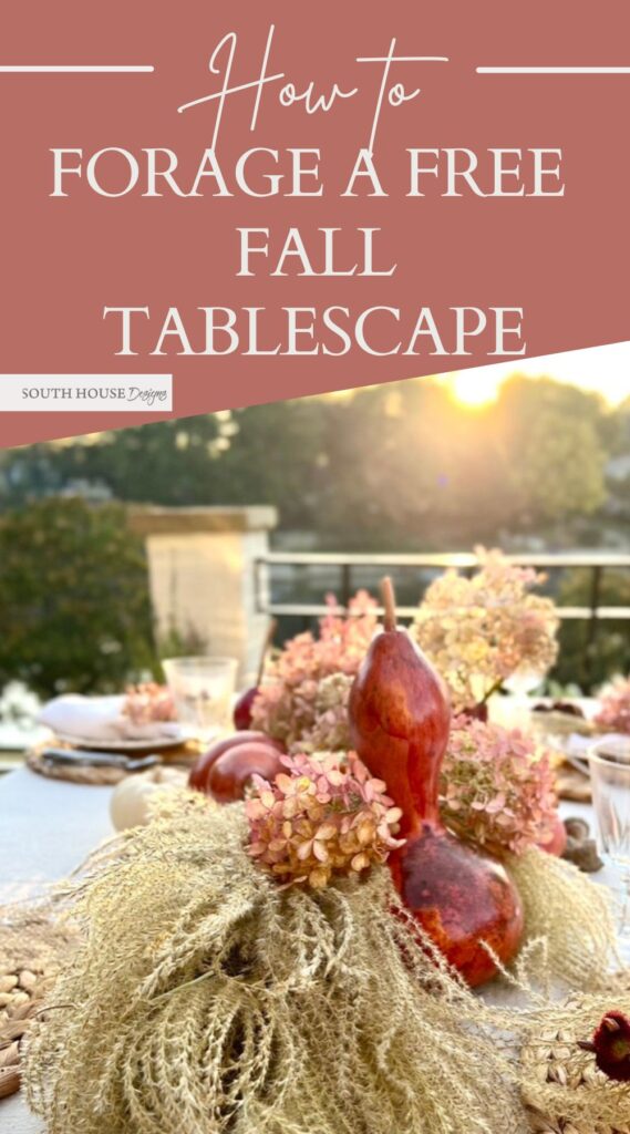 pin with sunrise over a lake behind a Fall Tablescape